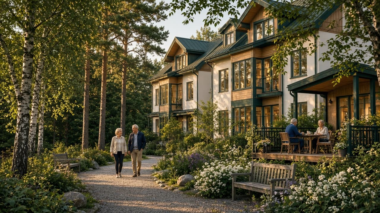 Golden Years -Kotitalo lämpimässä iltavalossa, asukkaita pihamaisemassa.
