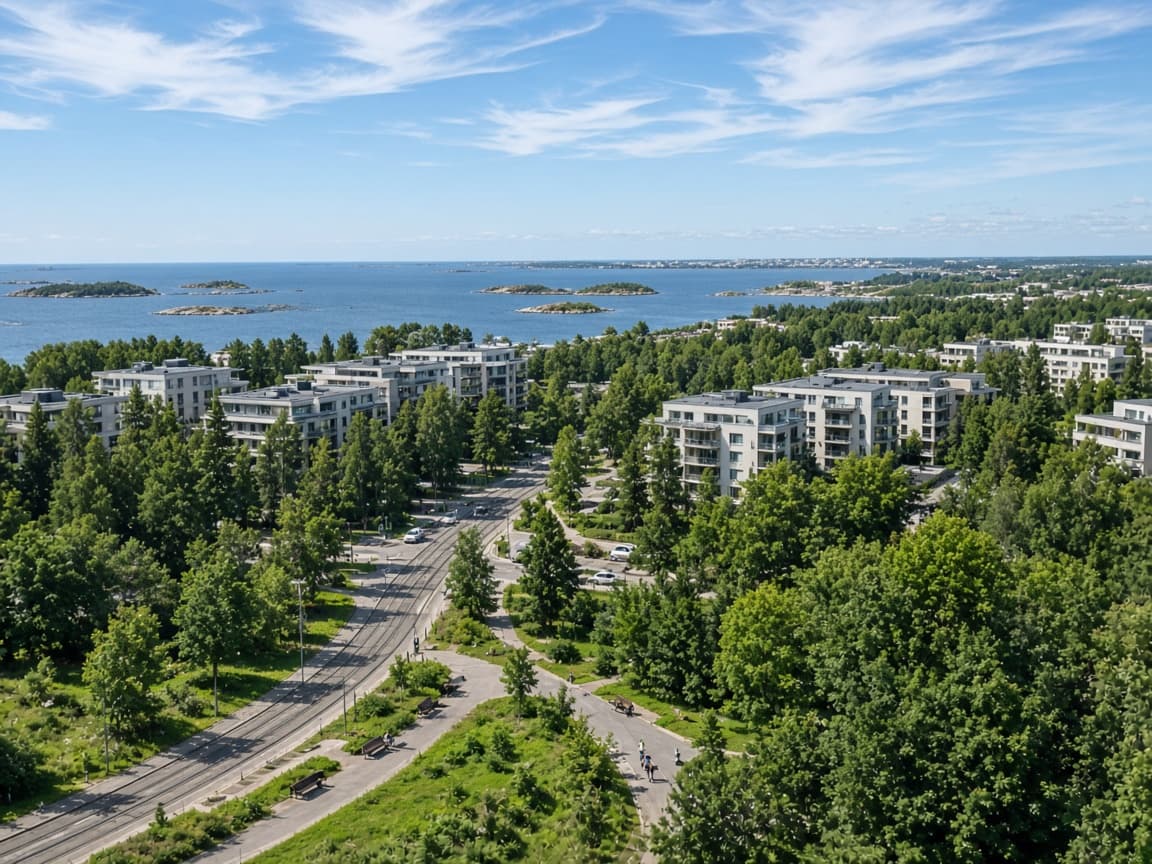 Ilmakuva Helsinki–Espoon rannikolta ja asuinalueista.
